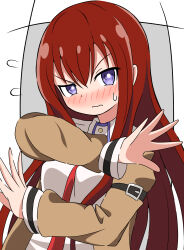 Rule 34 | 1girl, 3:, absurdres, blush, bright pupils, brown hair, brown jacket, chuunibyou, closed mouth, collared shirt, commentary request, embarrassed, flying sweatdrops, hair between eyes, highres, jacket, long hair, long sleeves, looking at viewer, makise kurisu, necktie, nose blush, open clothes, open jacket, purple eyes, red necktie, shirt, sidelocks, silky (silky illust), simple background, solo, steins;gate, sweatdrop, upper body, v-shaped eyebrows, very long hair, white background, white pupils, white shirt