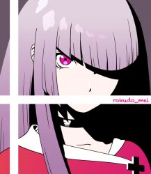 Rule 34 | 1girl, black choker, blunt bangs, character name, choker, covered mouth, cross, hair over one eye, high contrast, indie virtual youtuber, long hair, looking at viewer, magari (c0rn3r), one eye covered, pink eyes, portrait, purple background, purple hair, rokudou mei, shadow, simple background, solo, virtual youtuber