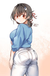 Rule 34 | 1girl, artist name, black hair, blue sweater, braid, commentary request, cowboy shot, dated, folded ponytail, from behind, gradient background, hair flaps, highres, jingei (kancolle), kantai collection, kirisawa juuzou, long hair, looking at viewer, low ponytail, official alternate costume, pants, red eyes, single braid, solo, sweater, white pants