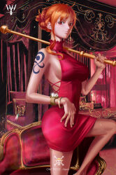 Rule 34 | 1girl, absurdres, alternate hairstyle, artist name, bare shoulders, bracelet, character name, closed mouth, commentary, dress, earrings, english commentary, halter dress, halterneck, highres, holding, holding polearm, holding weapon, indoors, jewelry, jolly roger, log pose, looking at viewer, nami (one piece), nami (one piece) (whole cake island), one piece, orange eyes, orange hair, polearm, red dress, shiny skin, shoulder tattoo, signature, smile, solo, straw hats jolly roger, tattoo, weapon, wide hips, yellow (huang-hotdog)
