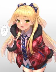 Rule 34 | 1girl, black thighhighs, blonde hair, blush, bow, breasts, commentary request, fangs, fur-trimmed jacket, fur-trimmed sleeves, fur trim, gradient background, green eyes, grey background, hair bow, hair ornament, hand up, highres, idolmaster, idolmaster cinderella girls, jacket, jougasaki rika, leaning forward, long hair, looking at viewer, medium breasts, open mouth, plaid, plaid bow, plaid jacket, red jacket, shorts, skindentation, smile, solo, speech bubble, thighhighs, translation request, two side up, white background, yapo (croquis side)
