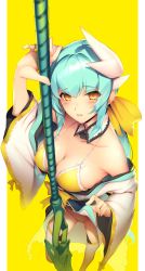 Rule 34 | 1girl, alternate costume, aqua hair, beach, bikini, blue bikini, blush, bow, breasts, cleavage, collarbone, detached collar, dragon girl, dragon horns, fate/grand order, fate (series), frilled bikini, frills, from above, highres, horns, japanese clothes, kiyohime (fate), kiyohime (fate/grand order), kiyohime (swimsuit lancer) (fate), kiyohime (swimsuit lancer) (first ascension) (fate), lifted by self, lips, long hair, looking at viewer, medium breasts, open mouth, ribbon, ryuji (ikeriu), simple background, smile, solo, standing, swimsuit, thighhighs, thighs, white thighhighs, wide sleeves, yellow background, yellow bikini, yellow bow, yellow eyes, yellow ribbon