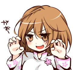 Rule 34 | 1girl, :d, blush, breasts, brown eyes, brown hair, claw pose, commentary request, dress, floral print, hair between eyes, hands up, i.u.y, long sleeves, medium breasts, medium hair, messy hair, misaka worst, open mouth, simple background, smile, solo, toaru majutsu no index, toaru majutsu no index: new testament, translation request, upper body, v-shaped eyebrows, white background, white dress