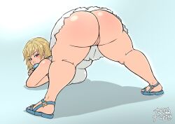 Rule 34 | 1girl, ass, bendacriss, blonde hair, breasts, cleft of venus, dress, female focus, food, full body, grey eyes, highres, huge ass, ice cream, jack-o&#039; challenge, kingdom hearts, large breasts, looking at viewer, namine, no panties, pussy, sandals, short hair, solo, thick thighs, thighs, white dress