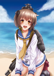 Rule 34 | 10s, 1girl, beach, blue sky, brown eyes, brown hair, cannon, cloud, day, dress, hair ornament, kantai collection, mitsucho, open mouth, outdoors, personification, sailor dress, sand, short hair, sitting, sky, smile, solo, torpedo, turret, water, yukikaze (kancolle)