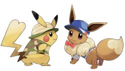 Rule 34 | :3, absurdres, black eyes, blue hat, blue shirt, blush stickers, bottomless, bow, bowtie, camouflage, camouflage shirt, clothed pokemon, colored sclera, creatures (company), eevee, from behind, full body, game freak, gen 1 pokemon, hat, highres, looking at viewer, looking back, nintendo, no humans, official art, outline, pikachu, pokemon, pokemon (creature), pokemon lgpe, purple sclera, red neckwear, shirt, short sleeves, simple background, smile, standing, striped clothes, striped shirt, sugimori ken, transparent background, white outline