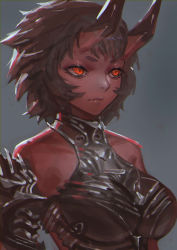 Rule 34 | 1girl, armor, bare shoulders, black hair, boobplate, breastplate, breasts, closed mouth, colored skin, fang, fang out, grey background, horns, large breasts, oni, oni horns, original, red eyes, red skin, short hair, simple background, solo, upper body, zakusi