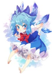 Rule 34 | 1girl, barefoot, blue bow, blue dress, blue eyes, blue hair, blush, bow, bowtie, cirno, detached wings, dress, full body, hair bow, hands on own hips, highres, leaning forward, medium hair, petticoat, pinafore dress, puffy short sleeves, puffy sleeves, red bow, red bowtie, shirt, short sleeves, simple background, sleeveless dress, solo, teeth, touhou, white shirt, wings, yuuki (yuyuki000)