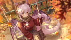 Rule 34 | 1girl, angora zailia, autumn leaves, beret, black hat, bow, breasts, brown bow, brown scarf, commission, dragon girl, dragon horns, dragon tail, dragon wings, falling leaves, hair bow, hat, highres, horn ornament, horn ring, horns, indie virtual youtuber, ito haruko, leaf, long hair, medium breasts, plaid, plaid scarf, pleated skirt, purple hair, red sweater, round eyewear, scarf, shadow, skeb commission, skirt, smile, solo, sweater, swing set, tail, tree, virtual youtuber, wings