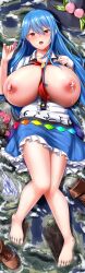 Rule 34 | 1girl, absurdres, barefoot, blue hair, blue skirt, blush, breasts, commentary request, condom, condom wrapper, feet, frilled skirt, frills, full body, giant, giantess, highres, hinanawi tenshi, huge breasts, karate8284, knees together feet apart, lactation, lake, legs, looking at viewer, nipples, open mouth, outdoors, red eyes, shoes, skirt, solo, toenails, toes, touhou, unworn shoes, water