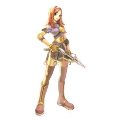 Rule 34 | 1girl, 2000s (style), archer (ragnarok online), armored skirt, arrow (projectile), blue shirt, boots, bow (weapon), breasts, brown footwear, brown gloves, brown thighhighs, closed mouth, crossbow, elbow pads, full body, gloves, highres, holding, holding crossbow, holding weapon, looking at viewer, medium hair, muneate, myung-jin lee, official art, orange eyes, orange hair, ragnarok online, shirt, short sleeves, simple background, small breasts, smile, solo, standing, swept bangs, tachi-e, thighhighs, transparent background, weapon