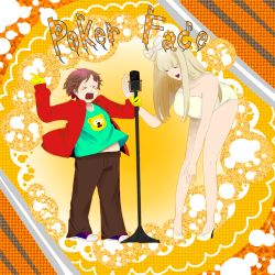 Rule 34 | &gt; &lt;, bad anatomy, bad id, bad pixiv id, bear, belly, bow, braid, breasts, eric cartman, closed eyes, gloves, hair bow, high heels, highres, jacket, lady gaga, large breasts, long hair, microphone, music, navel, open mouth, pants, plump, pointing, shoes, singing, south park