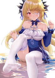 Rule 34 | 1girl, absurdres, alternate breast size, bare shoulders, blonde hair, blush, breasts, choker, closed mouth, detached sleeves, dress, eyepatch, fischl (ein immernachtstraum) (genshin impact), fischl (genshin impact), foot out of frame, frilled dress, frills, genshin impact, hair over one eye, hand up, highres, juliet sleeves, large breasts, leg up, long sleeves, looking at viewer, no shoes, official alternate costume, pantyhose, presenting foot, puffy sleeves, purple dress, purple ribbon, red eyes, ribbon, shuumatsu no uchuu, single leg pantyhose, single thighhigh, sitting, smile, solo, thighhighs, thighs, tiara, water, white pantyhose, white thighhighs