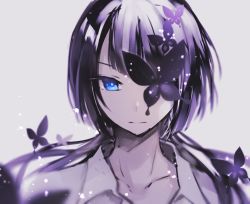 Rule 34 | 1girl, black hair, blue eyes, blurry, borrowed character, bug, butterfly, collarbone, depth of field, expressionless, grey background, highres, hijiri (resetter), bug, long hair, looking at viewer, original, portrait, simple background, sketch, solo