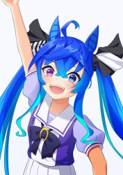 Rule 34 | 1girl, ahoge, animal ears, ao komhur, arm up, blue eyes, blue hair, blush, bow, commentary request, hair between eyes, heterochromia, highres, horse ears, horse girl, looking at viewer, open mouth, pleated skirt, puffy short sleeves, puffy sleeves, purple bow, purple eyes, purple shirt, sailor collar, school uniform, shirt, short sleeves, simple background, skirt, smile, solo, teeth, tracen school uniform, twin turbo (umamusume), twintails, umamusume, upper teeth only, white background, white skirt
