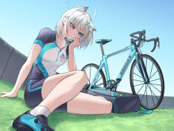 Rule 34 | 1girl, absurdres, animal ear fluff, animal ears, backlighting, bag, bicycle, bike jersey, bike shorts, blue archive, blue eyes, blue sky, collarbone, commentary request, cross hair ornament, extra ears, from below, grey hair, hair between eyes, hair ornament, halo, head tilt, highres, hot, looking afar, medium hair, mismatched pupils, official alternate costume, outdoors, police riot (artist), school bag, shiroko (blue archive), shiroko (cycling) (blue archive), shoes, short shorts, short sleeves, shorts, sidelocks, sitting, sky, sneakers, socks, solo, steam, sweat, white socks, wiping sweat, wolf ears, wolf girl, zipper