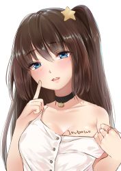 Rule 34 | 1girl, akira b, bare shoulders, black choker, blue eyes, blush, breasts, brown hair, choker, cleavage, collarbone, commentary, dress shirt, fingernails, hair between eyes, hair ornament, head tilt, heart, highres, index finger raised, jewelry, long hair, looking at viewer, medium breasts, nail polish, off shoulder, one side up, original, parted lips, pink nails, pulling own clothes, ring, shirt, simple background, solo, star (symbol), star hair ornament, teeth, translation request, upper teeth only, white background, white shirt