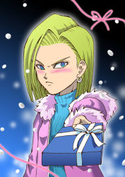 Rule 34 | 1girl, android 18, blonde hair, blue eyes, blush, dragon ball, dragonball z, earrings, gift, holding, holding gift, incoming gift, jewelry, poki a, short hair, snow, snowing, solo, tsundere, turtleneck, valentine