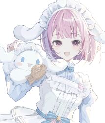 Rule 34 | 1girl, :d, animal ears, apron, artist name, blue bow, blue bowtie, blue dress, blue sash, blunt bangs, blush, bow, bowtie, buttons, center frills, cinnamoroll, commentary request, dog ears, dress, food, frilled apron, frills, hand up, highres, holding, holding food, juliet sleeves, long sleeves, looking at viewer, maid, maid headdress, niaa, ootori emu, open mouth, pink eyes, pink hair, project sekai, puffy sleeves, sanrio, sash, short hair, sidelocks, simple background, smile, taiyaki, upper body, wagashi, white apron, white background