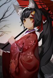 Rule 34 | 1girl, animal ear fluff, animal ears, bare tree, black choker, black hair, choker, cine (wazd0183), commentary, floral print, from side, hair ribbon, hand up, highres, holding, holding umbrella, hololive, japanese clothes, kimono, long hair, long sleeves, looking at viewer, multicolored hair, oil-paper umbrella, ookami mio, ookami mio (new year), ponytail, red hair, red kimono, red umbrella, ribbon, sky, solo, straight hair, streaked hair, tree, umbrella, upper body, very long hair, virtual youtuber, wide sleeves, wolf ears, wolf girl, yellow eyes