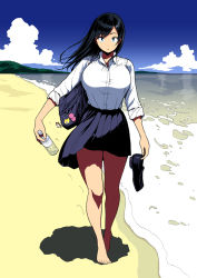 Rule 34 | 1girl, asymmetrical bangs, bag, bare legs, barefoot, beach, black footwear, black hair, blue eyes, blue skirt, blue sky, bottle, breasts, cloud, cloudy sky, collared shirt, commentary, day, dress shirt, drink, full body, holding, holding drink, holding shoes, large breasts, long hair, looking at viewer, miniskirt, original, outdoors, parted bangs, parted lips, pleated skirt, school bag, school uniform, shirt, shoes, unworn shoes, skirt, sky, sleeves rolled up, solo, straight hair, thighs, walking, white shirt, wind, youshu ohepe
