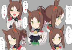 Rule 34 | 1girl, animal ears, blush, brown hair, commentary request, fine motion (umamusume), from side, green eyes, grey background, hair bun, hair ornament, horse ears, horse girl, kayama kenji, looking at viewer, multicolored hair, multiple views, parted lips, simple background, single hair bun, smile, streaked hair, thought bubble, translated, umamusume, upper body, white hair