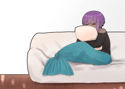 Rule 34 | 1girl, bare shoulders, black shirt, blush, closed eyes, commentary request, couch, dark-skinned female, dark skin, facing viewer, fate/prototype, fate/prototype: fragments of blue and silver, fate (series), gradient background, grey background, hair between eyes, hassan of serenity (fate), highres, i.u.y, mermaid costume, hugging object, off-shoulder shirt, off shoulder, on couch, pillow, pillow hug, purple hair, shirt, solo, white background, wooden floor