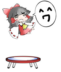 Rule 34 | 1girl, barefoot, black hair, blush stickers, bow, chibi, dress, emoticon, eyebrows, female focus, hair bow, hakurei reimu, japanese clothes, open mouth, simple background, sleeves past wrists, solo, touhou, trampoline, white background, yofukashi