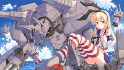 Rule 34 | 10s, 1girl, :3, anchor, blonde hair, blush, boots, cloud, day, elbow gloves, gloves, grey footwear, hairband, highres, kantai collection, long hair, looking at viewer, mecha, ocean, personification, rensouhou-chan, robot, shimakaze (kancolle), sitting, skirt, smile, striped clothes, striped thighhighs, terras, thighhighs, water, white gloves, yellow eyes