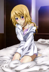Rule 34 | 10s, 1girl, absurdres, barefoot, blonde hair, blue eyes, blush, bra, breasts, charlotte dunois, cleavage, dress shirt, highres, infinite stratos, legs, long hair, non-web source, nyantype, off shoulder, official art, purple eyes, shirt, solo, underwear