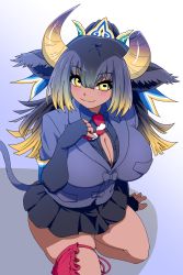 Rule 34 | 1girl, animal ears, arm support, black gloves, black hair, black skirt, blonde hair, blush, bow, breast pocket, breasts, broken horn, buttons, center opening, cleavage, closed mouth, collared shirt, cow ears, cow girl, cow horns, cow tail, crown, dark-skinned female, dark skin, elbow gloves, fingerless gloves, gloves, goshingyu-sama (kemono friends), grey hair, hair between eyes, hand on own chest, hand up, highres, horizontal pupils, horns, huge breasts, jacket, kemono friends, long hair, looking at viewer, mamiyama, microskirt, multicolored hair, multicolored horns, necktie, pleated skirt, pocket, purple horns, purple jacket, shirt, sitting, skindentation, skirt, smile, solo, tail, unbuttoned, wing collar, yellow eyes, yellow horns