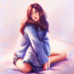 Rule 34 | 1girl, artist name, axsen, black shorts, blue sweater, brown eyes, brown hair, deviantart username, indian style, long hair, long sleeves, open mouth, original, parted lips, patreon username, pillow, shorts, signature, sitting, solo, sweater, watermark, web address