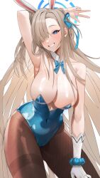 Rule 34 | 1girl, absurdres, animal ears, arm behind head, arm up, armpits, asuna (blue archive), asuna (bunny) (blue archive), asymmetrical bangs, black pantyhose, blue archive, blue bow, blue eyes, blue hair, blue leotard, blue ribbon, blush, bow, breasts, cleavage, covered navel, detached collar, fake animal ears, gloves, hair over one eye, hair ribbon, highres, large breasts, leotard, light brown hair, long hair, looking at viewer, malsuk, pantyhose, playboy bunny, rabbit, ribbon, simple background, smile, solo, very long hair, white background, white gloves