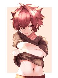 Rule 34 | 1boy, black shirt, brown eyes, highres, lifting own clothes, male focus, memo haco, multicolored background, one eye closed, original, pink background, red hair, shirt, short hair, solo, white background