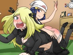 Rule 34 | 2girls, ass, beanie, blonde hair, blue eyes, blue hair, blush, breasts, butt crack, cleavage, clothes pull, creatures (company), cynthia (pokemon), dawn (pokemon), game freak, gen 1 pokemon, hat, indoors, long hair, long sleeves, lying, magnemite, multiple girls, nintendo, on back, open mouth, panties, pants, pants pull, panty pull, pinkiri (jawking), pokemon, pokemon (creature), pokemon dppt, snorlax, spanked, spanking, tears, underwear