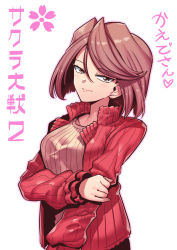 Rule 34 | 1girl, breasts, brown eyes, brown hair, brown sweater, character name, closed mouth, copyright name, fujieda kaede, hair between eyes, highres, jacket, long sleeves, looking at viewer, open clothes, open jacket, red jacket, ribbed sweater, sakura taisen, sakura taisen ii, short hair, simple background, smile, solo, sweater, tukiwani, upper body, white background