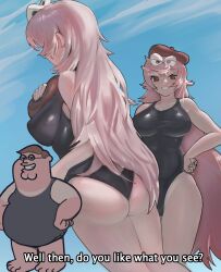 Rule 34 | 1boy, 1girl, absurdres, ai-generated art (topic), ass, barefoot, beret, black one-piece swimsuit, blue sky, bow, breasts, brown eyes, brown hair, clenched hand, clenched teeth, commentary, english commentary, english text, family guy, from below, from side, glass, grin, hair bow, hand on own thigh, hat, highleg, highleg swimsuit, highres, holding, holding clothes, holding hat, kowai (iamkowai), large breasts, long hair, looking at viewer, one-piece swimsuit, peter griffin, pink hair, sky, smile, standing, subtitled, swimsuit, tan, tanline, teeth, unworn hat, unworn headwear, white bow