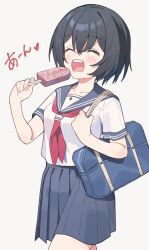 Rule 34 | 1girl, bag, black hair, blue sailor collar, blue skirt, blush, breasts, closed eyes, commentary request, facing viewer, food, food request, grey background, hair between eyes, highres, holding, holding food, neckerchief, nirareba, open mouth, original, pleated skirt, red neckerchief, sailor collar, school bag, see-through, shirt, short hair, short sleeves, simple background, skirt, small breasts, solo, teeth, translation request, upper teeth only, white shirt