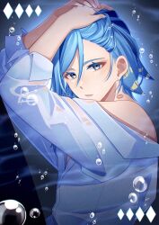 Rule 34 | 1boy, arms up, blue eyes, blue hair, blush, bubble, commentary request, creatures (company), earrings, eyelashes, game freak, grusha (pokemon), hair between eyes, highres, jewelry, lipstick mark, looking at viewer, male focus, mocacoffee 1001, nintendo, off shoulder, parted lips, pokemon, pokemon sv, shirt, sleeves rolled up, solo