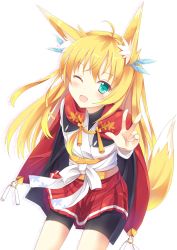 Rule 34 | 1girl, ;d, ahoge, animal ears, aqua eyes, bad id, bad pixiv id, bike shorts, blonde hair, blush, cape, fang, fox ears, fox tail, highres, looking at viewer, nibiiro shizuka, one eye closed, open mouth, original, pleated skirt, simple background, skirt, smile, solo, tail, white background, wink