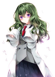 Rule 34 | 10s, 1girl, bags under eyes, buttons, commentary request, double-breasted, fuwa hyouka, green hair, hair between eyes, lab coat, long hair, long sleeves, looking at viewer, necktie, nogi takayoshi, pleated skirt, purple eyes, red necktie, school uniform, shimoneta to iu gainen ga sonzai shinai taikutsu na sekai, simple background, skirt, sleeves past wrists, solo, wavy hair, white background