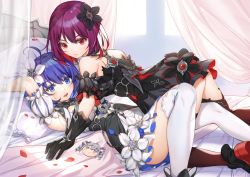 Rule 34 | 2girls, ass, bare shoulders, bed, black dress, black gloves, black sleeves, blue eyes, blue hair, blush, bronya zaychik, brown legwear, canopy bed, chain, commentary request, detached sleeves, dress, flower, frilled pillow, frills, girl on top, gloves, hair between eyes, hair flower, hair ornament, high heels, highres, honkai (series), honkai impact 3rd, keyhole, leg between thighs, looking at viewer, looking to the side, lying, multicolored hair, multiple girls, on back, on bed, parted lips, petals, pillow, piyo (pixiv 2308057), puffy short sleeves, puffy sleeves, purple hair, red eyes, red footwear, red hair, seele (alter ego), seele vollerei, seele vollerei (stygian nymph), shoe soles, shoes, short sleeves, sleeveless, sleeveless dress, sweat, teeth, thighhighs, transparent, two-tone hair, upper teeth only, white flower, white legwear, white sleeves, yuri