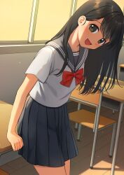Rule 34 | 1girl, asuka gin, black hair, blush, bow, brown eyes, chair, chalkboard, classroom, desk, highres, indoors, long hair, looking at viewer, open mouth, original, pleated skirt, sailor collar, school chair, school desk, school uniform, serafuku, shirt, skirt, smile, solo, white shirt, window