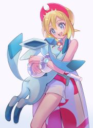 Rule 34 | 1girl, :d, affectionate, blonde hair, blue eyes, blush, bracelet, collar, commentary request, creatures (company), eyelashes, flute, game freak, gen 4 pokemon, glaceon, hair between eyes, hairband, holding, holding pokemon, hug, instrument, irida (pokemon), jewelry, mitama (mokochiko), nintendo, open mouth, pokemon, pokemon (creature), pokemon legends: arceus, red hairband, sash, shorts, simple background, smile, teeth, tongue, upper teeth only, waist cape, white background, white shorts