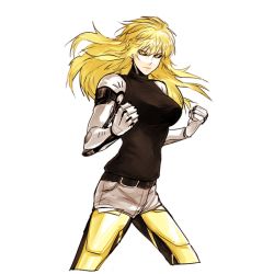 Rule 34 | 1girl, black sclera, blonde hair, clenched hand, colored sclera, cyborg, genderswap, genderswap (mtf), genos, one-punch man, shorts, solo, yellow eyes