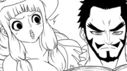 Rule 34 | 1boy, 1girl, age difference, beard, breasts, cleavage, dracule mihawk, facial hair, jay-marvel, large breasts, mustache, one piece, open mouth, perona, reading, sideburns, tagme