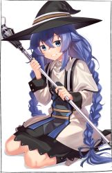 Rule 34 | 1girl, black hat, black skirt, black socks, blue eyes, blue hair, blue ribbon, braid, commentary request, hair between eyes, hair ribbon, hat, highres, holding, holding staff, jacket, kei (soundcross), long hair, long sleeves, looking at viewer, mushoku tensei, open clothes, open jacket, parted lips, ribbon, roxy migurdia, shirt, shoes, sitting, skirt, smile, socks, solo, staff, twin braids, twintails, two-handed, very long hair, wariza, white background, white footwear, white jacket, white shirt, witch hat
