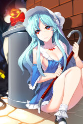 Rule 34 | 1girl, bird, blue hair, bonnet, breasts, cleavage, crescent nazo, crowbar, highres, holding, holding crowbar, large breasts, long hair, penguin, red hair, snowball22, solo, sword girls, tears