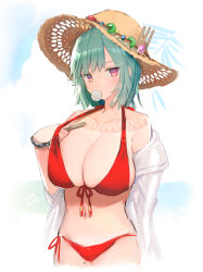 Rule 34 | 1girl, beads, bikini, blowing bubbles, blush, breasts, brown hat, cleavage, commentary request, green hair, hat, highres, holding, jacket, large breasts, looking at viewer, naraku (senran kagura), open clothes, open jacket, popsicle stick, purple eyes, red bikini, senran kagura, short hair, side-tie bikini bottom, signature, simple background, solo, swimsuit, tawawa, white jacket, yaegashi nan