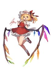 Rule 34 | 1girl, :d, ascot, blonde hair, bloomers, blush, commentary request, crystal, fang, flandre scarlet, full body, hat, hat ribbon, highres, lansane, looking at viewer, mary janes, mob cap, one side up, open mouth, petticoat, puffy short sleeves, puffy sleeves, red eyes, red footwear, red ribbon, red skirt, red vest, ribbon, shoes, short sleeves, signature, skin fang, skirt, smile, socks, solo, touhou, underwear, vest, white background, white socks, wings, wrist cuffs, yellow ascot